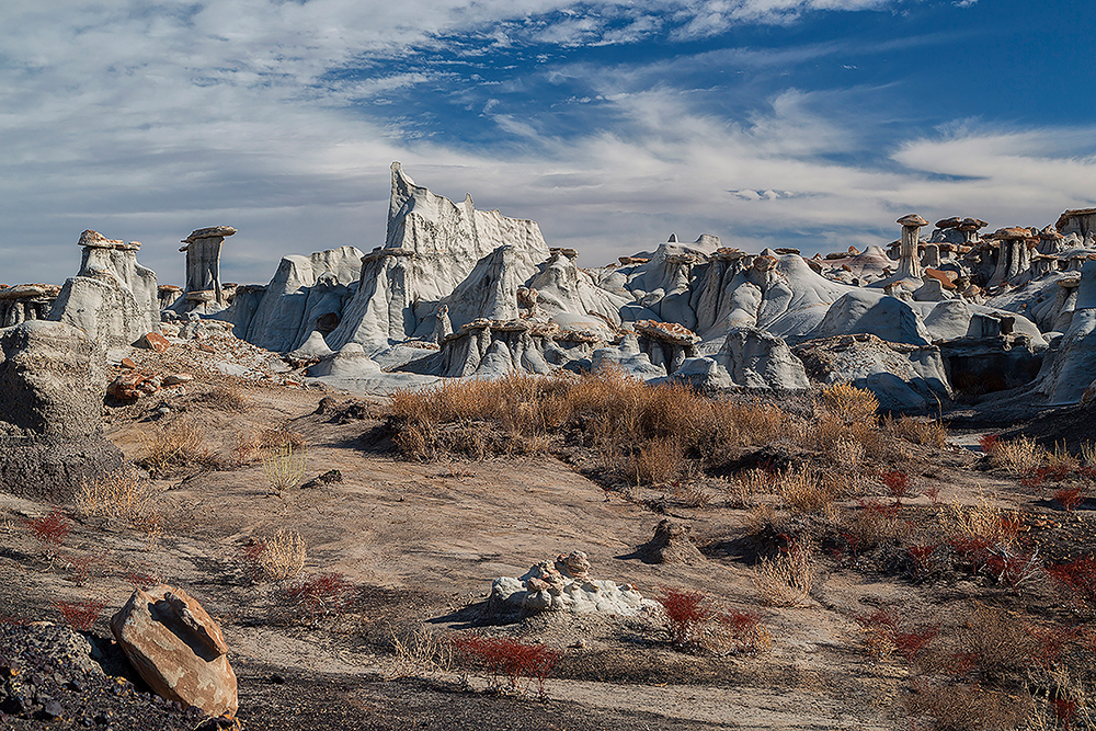 pale rock formations under a blue sky