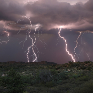 multiple lightning strikes over the desert outside Oracle, Arizona